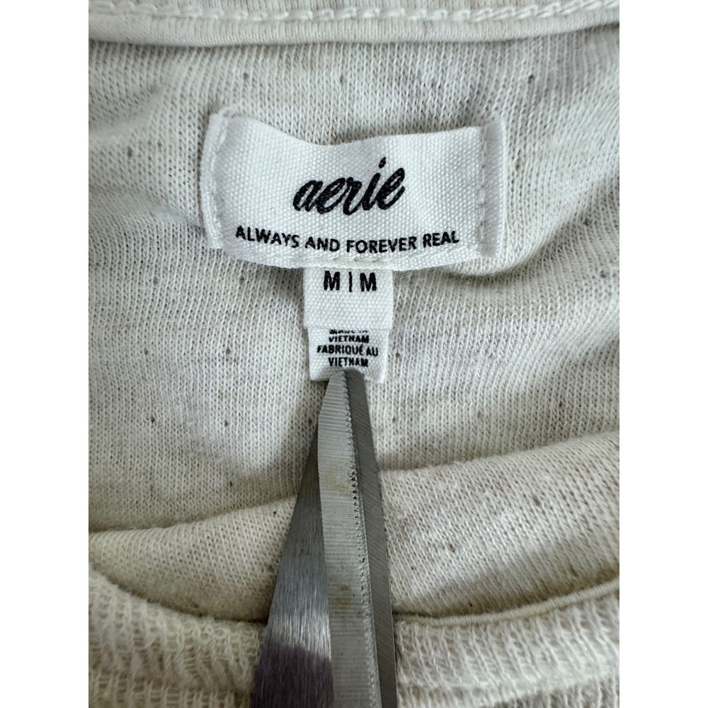 aerie Endless Summer Cream Peplum Cropped Sweatshirt Lantern Sleeve Tie Cuff M - Picture 5 of 11